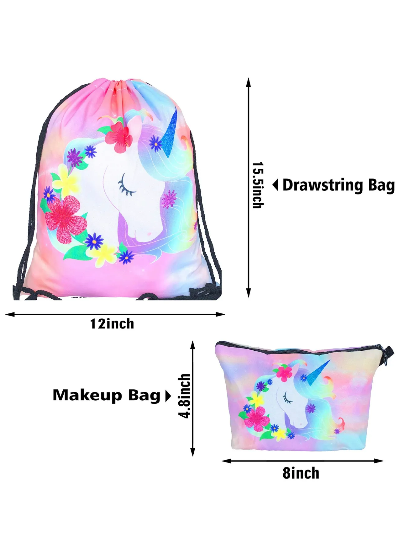 Unicorn Gifts for Girls - Unicorn Drawstring Backpack/Makeup Bag/Bracelet/Necklace/Hair Ties/Keychain/Sticker (Flower Head 3)