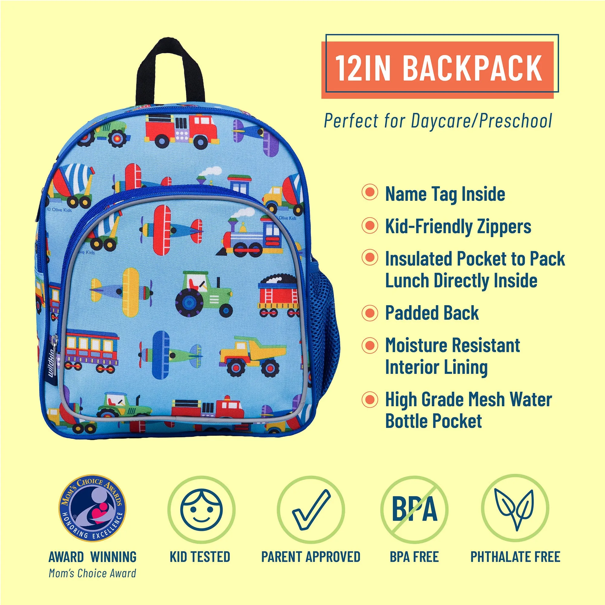 Wildkin Olive Kids Trains, Planes & Trucks Pack 'n Snack Backpack