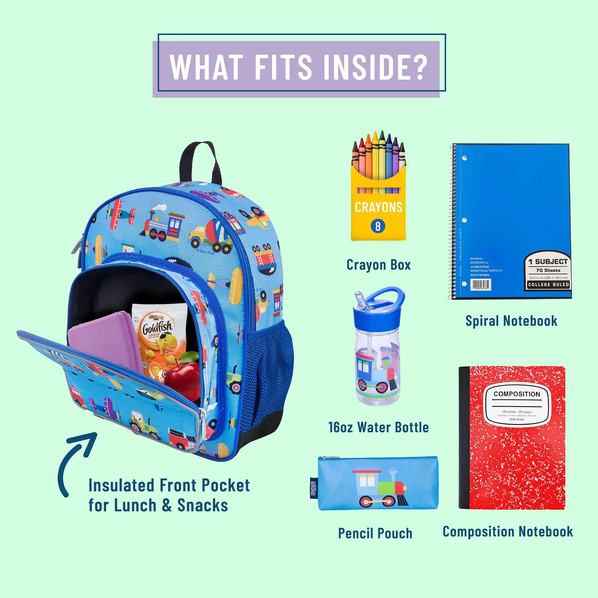 Wildkin Olive Kids Trains, Planes & Trucks Pack 'n Snack Backpack